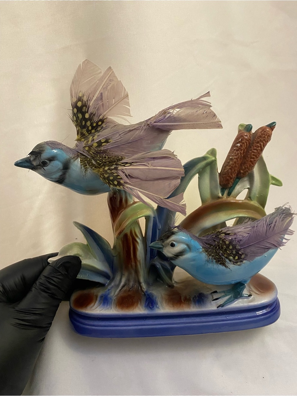 Vintage Japan Ceramic Blue Jay Figurine Pair with Real Feathers.